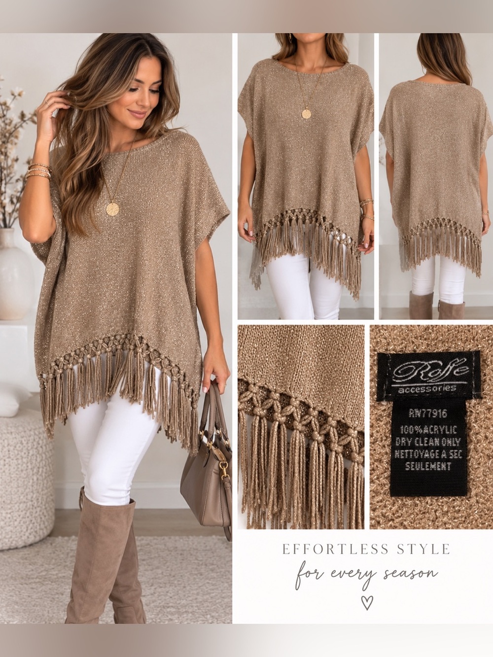 Shimmery Taupe Knit Poncho Top with Fringe | One Size
